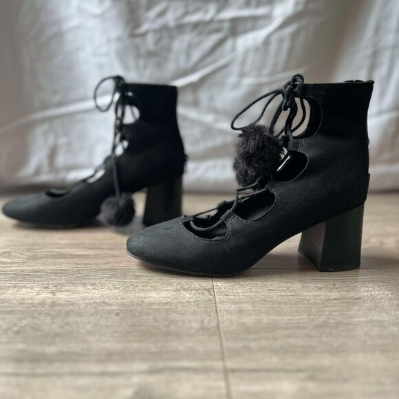 Asos Black Lace Up Chunky Heel Closed Toe Pom Pom Shoes - Picture 2 of 4